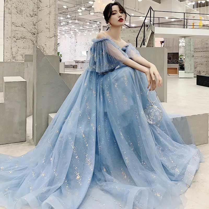 

Blue Off Shoulder Evening Dress Women Sequin Appliques Bandage Quinceanera Dresses Exquisite Elegant Homecoming Gown