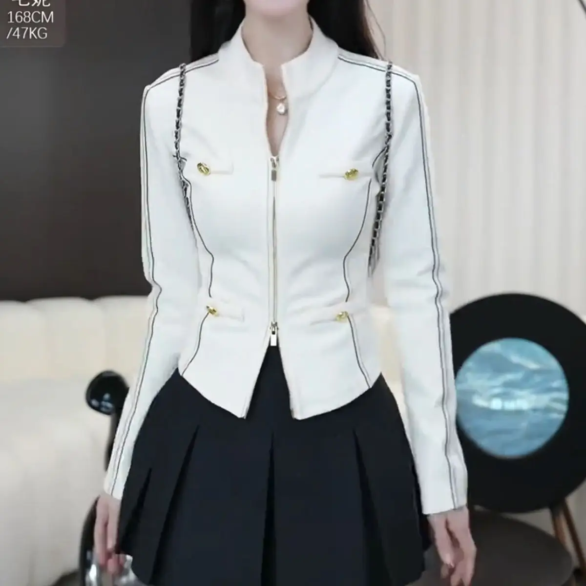 High End Temperament Slim Fit Stand Up Collar Jacket with Women's Design Sense Spliced Color Collision Motorcycle Baseball Suit