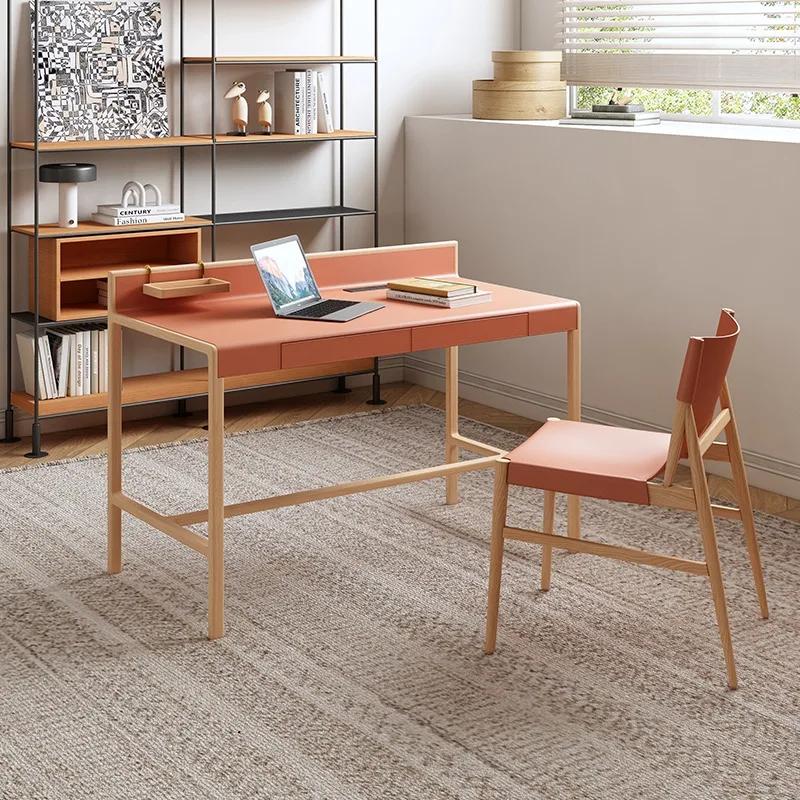 Simple home computer desk, study light luxury high-end ash wood desk, double drawer saddle leather office computer desk