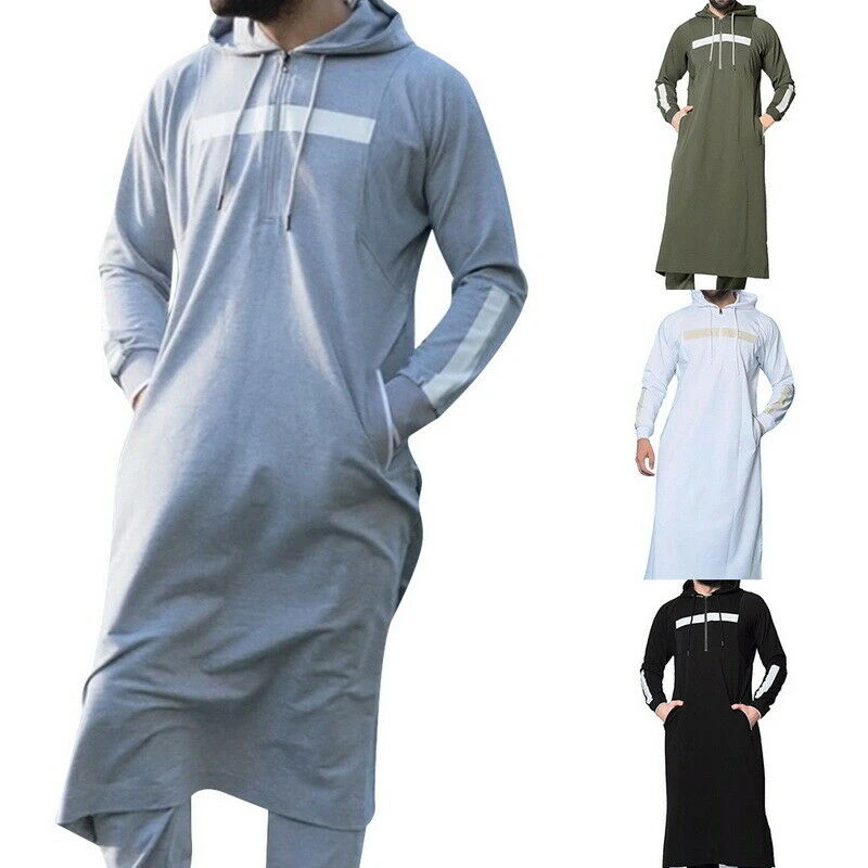 Men Clothing Muslim Abaya Islamic Kaftan Full Length Hooded Arab Costume Men Sweatshirt Oversize Male Tops Pullover Streetwear