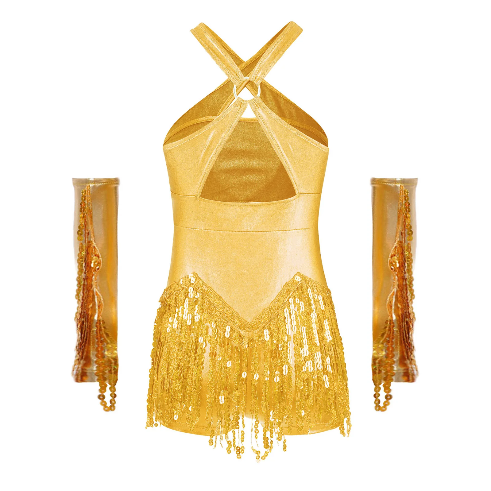 Girls Sequins Tassel Latin Jazz Dance Leotard Dress with Fringe Metallic Gloves Cha-Cha Samba Rumba Tango Performance Clothes
