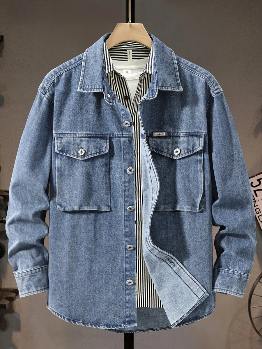 

Мужская джинсовая рубашка свободного кроя с длинным рукавом, тонкая, дышащая, из смесового хлопка и полиэстера, для весны и осени, повседневная