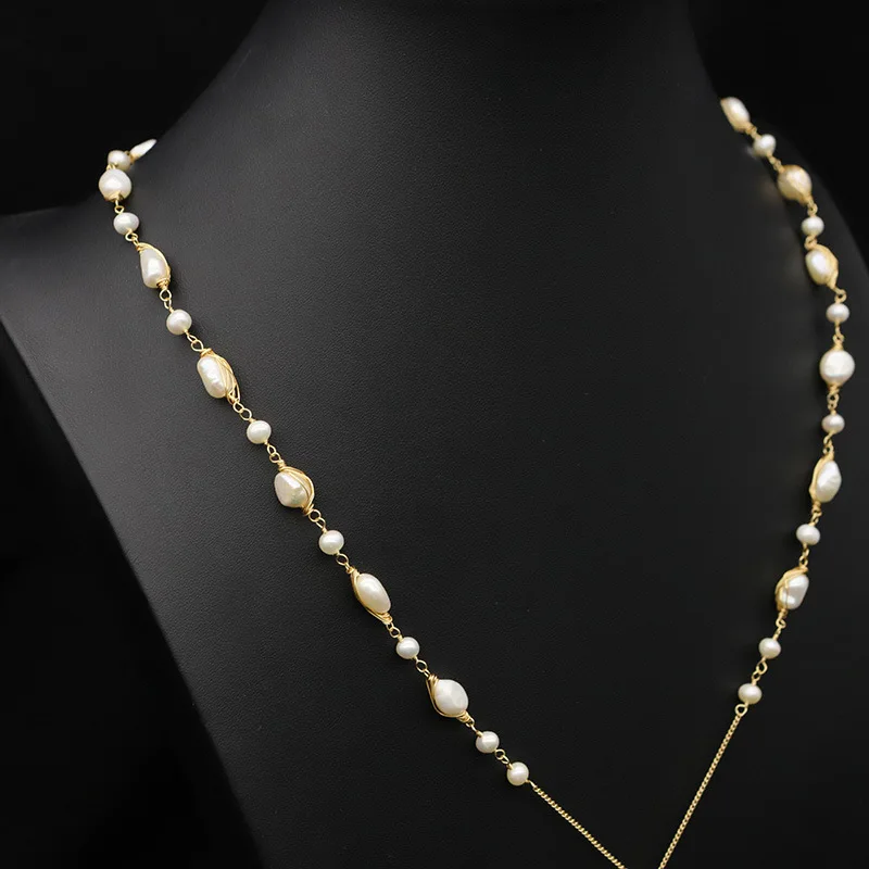 

Natural Freshwater Pearl Necklace Wire Wrapped Braided Adjustable Clip Beads Sweater Chain Vintage Design Sense Jewelry