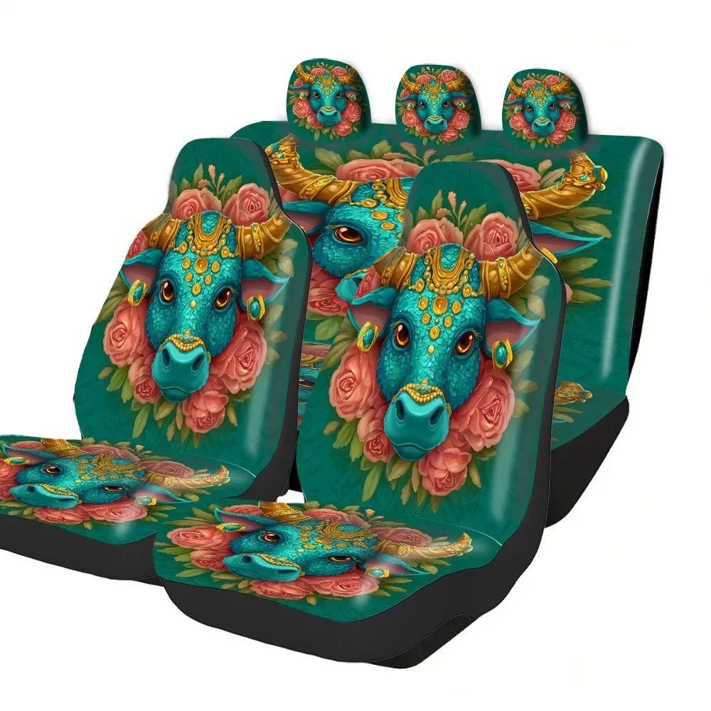 Complete Set Of Floral Design Car Seat Covers Featuring Bull Head And Rose Decorations, Made From High-Quality Polyester. This 5