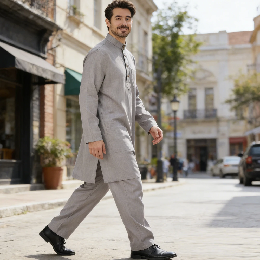 

2PCS Muslim Men Jubba Thobe Dubai Abaya Arabic Saudi Robe Long Sleeve Tops Pants Set Daffah Dishdasha Traditional Islam Clothing