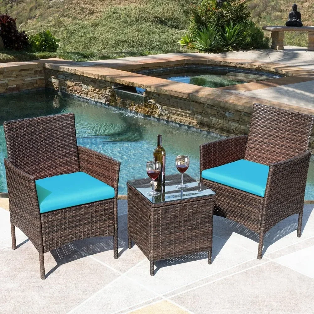 Outdoor PE Rattan Wicker Cadeiras com almofada macia e mesa de café de vidro, Mobiliário Pátio Sets, Jardim Quintal Porch, 3 Pcs