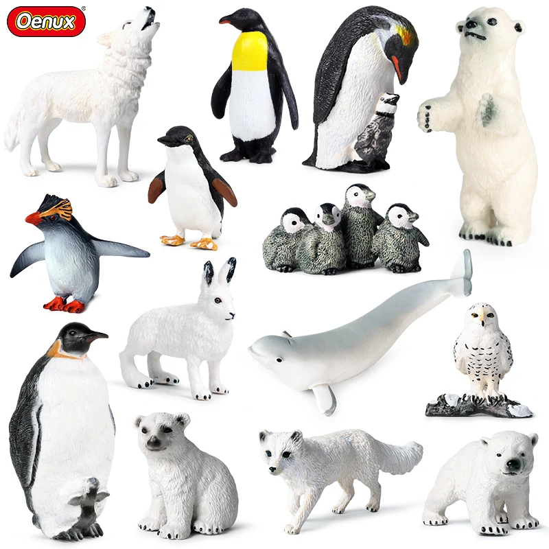 Oenux Simulation Arctic South Pole Animals Polar Bear Penguins Wolf Fox Bird Action Figures Model Figurine PVC Kid Toy Gift