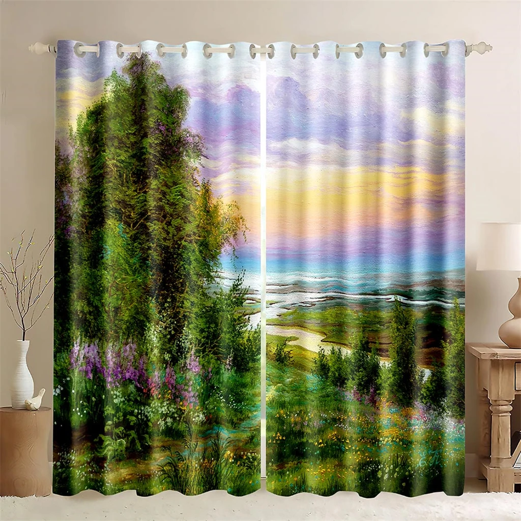 

3D classical oil painting curtains river and trees 2 bedroom balcony kitchen living room window decoration curtains