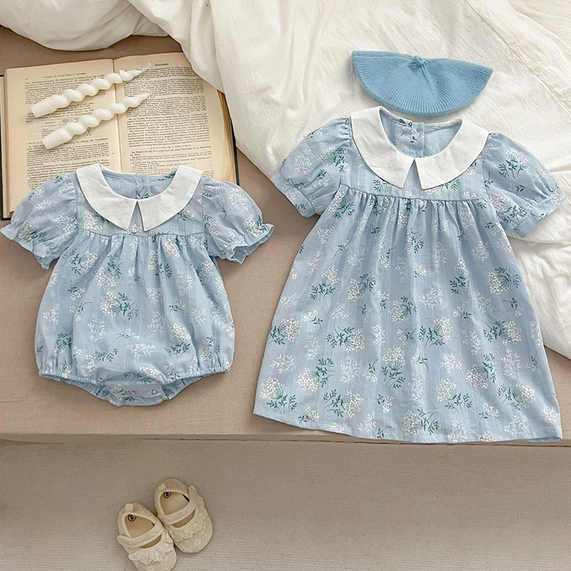 Matching Sisters Outfit Sisters Baby Girls Clothes Girls Dress Kids Summer New Short Sleeve Floral Baby Romper Princess Dress