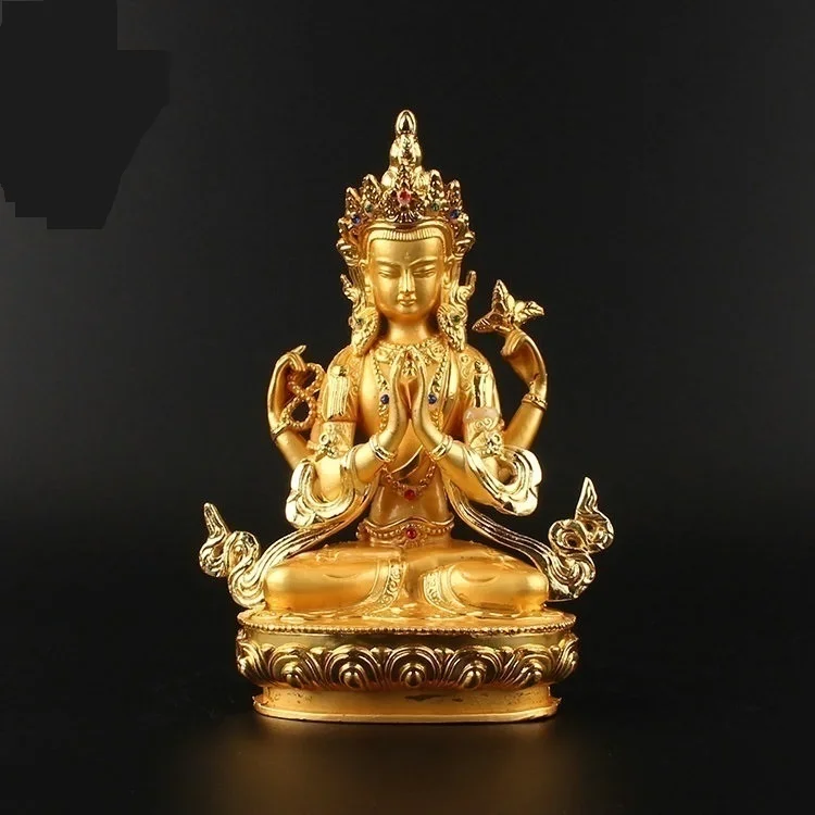 Four arm Avalokitesvara, Avalokitesvara, alloy Buddha, gilded with gold