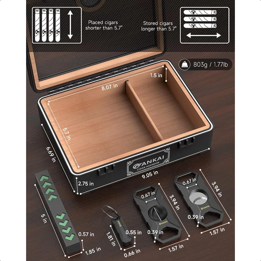 Kotak Cerutu Humidor Kaca Penuh dengan Humidifier dan Hygrometer, Anti Jatuh dan Anti Remuk, Lapisan Kayu Cedar untuk Penyimpanan