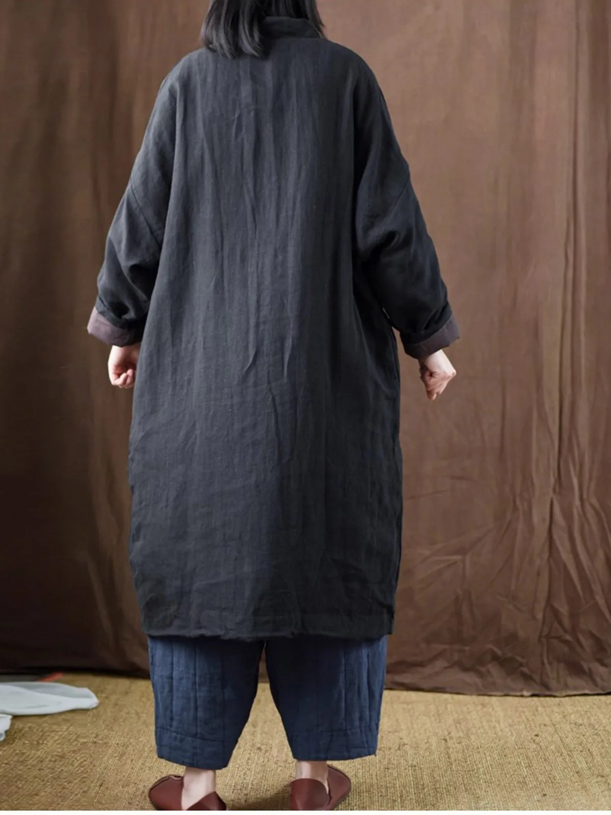 Donna Autunno Inverno Qualità Ramie Sottile Trapuntato Morbido Cappotto Imbottito Pullover Retro Casual Allentato Medio Lungo Stile Qipao Veste Outwear