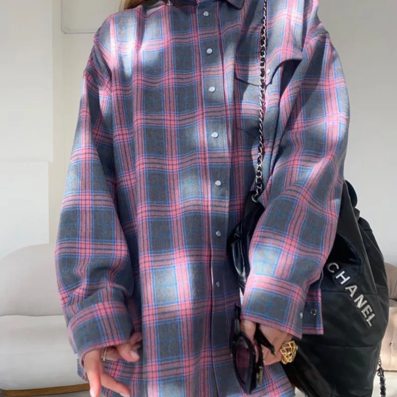 Vintage Plaid Shirts Women Autumn Long Sleeve Oversize Button Up Shirt Fashion Casual Fall Outwear Tops Blusas Mujer 2024