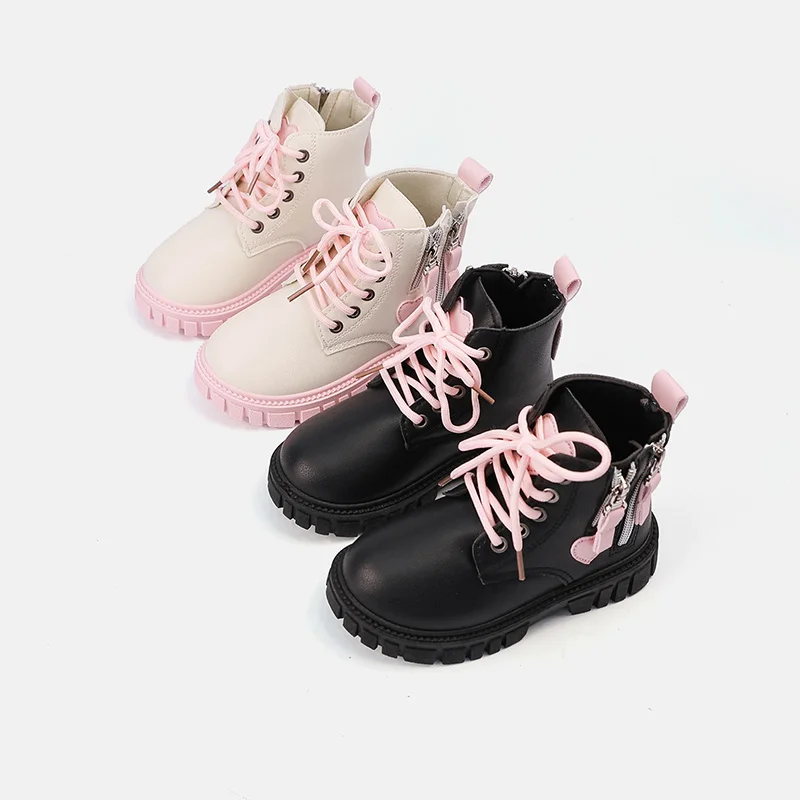 Girls Sweet Heart Patchwork Ankle Boots, PU Pink Contrast Lace‑Up Back Zipper Thick Non‑Slip Sole Cute Kids Fashion Short Boots