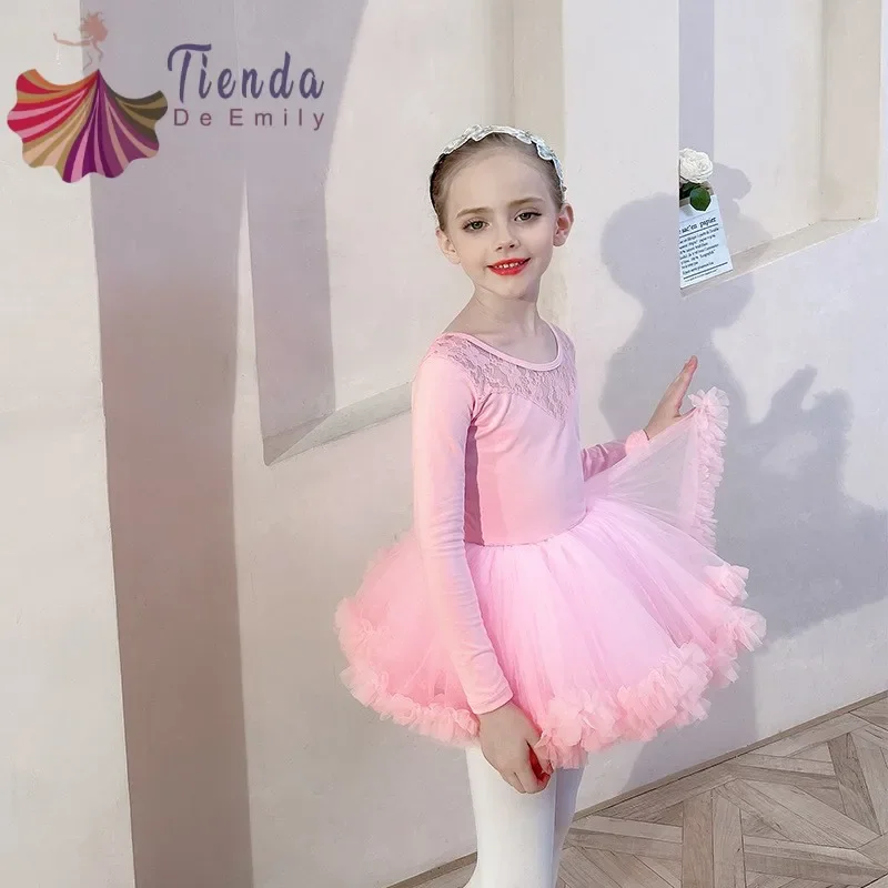 Long Sleeved Ballet Dress Girls Training Skirt Tutu Classical Dance Clothes Children\'s Examination Leotard Lace Stitching Pink