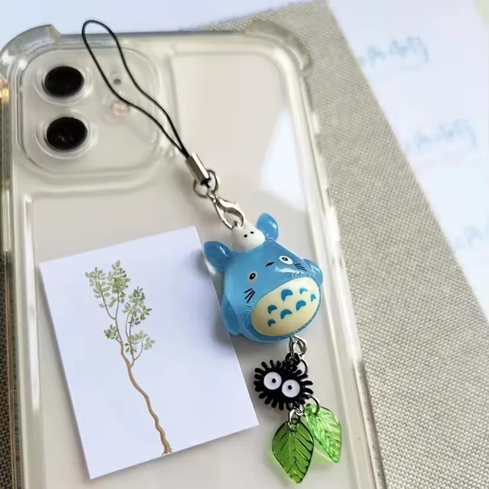 Kawaii Blue Animal Totoro Phone Charm Soot Sprite Keychain Woodland Anime Cat Cosplay Pendant Accessories Handmade Y2K Gift image 5