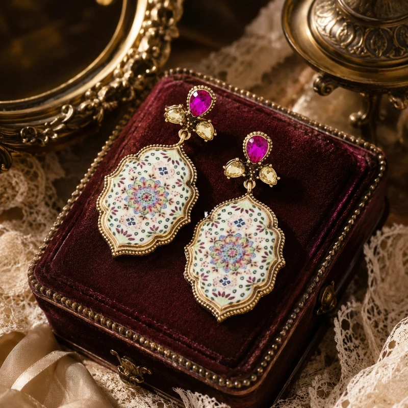 Vintage Floral Earrings for Women Rose Red Zircon Inlaid Elegant Drop Earrings Fashion Party Jewelry Gift