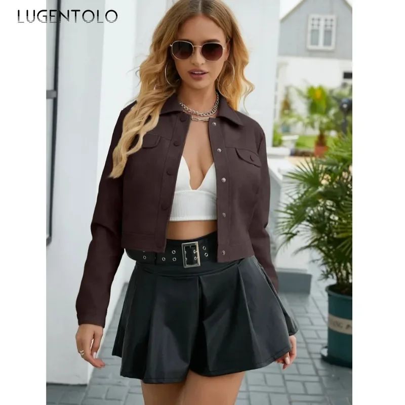 Women PU Jacket Fall 2024 Retro Thin Faux Leather Cropped Coat Multi-Pocket Single Breasted Cardigan Tops Fashion Street Wear