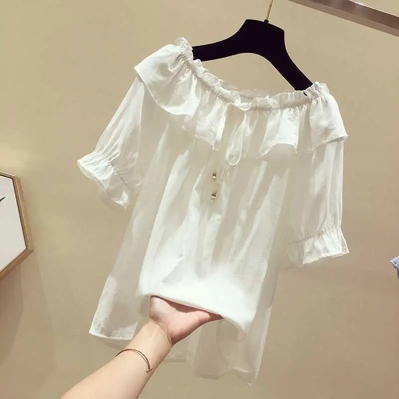 Red Short Sleeve Shirt Women\'s Off Shoulder Summer New Loose Pleated Solid All-match Office T Shirt Tops Casual Vintage Clothing