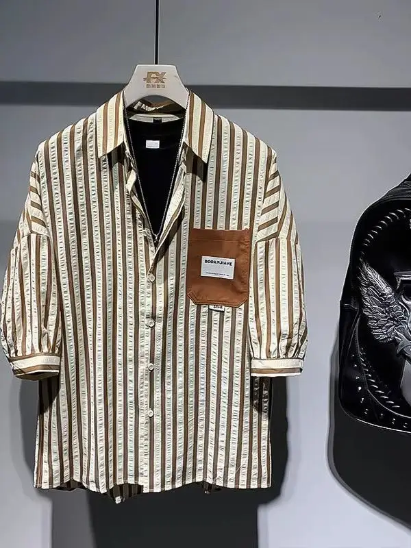 

plus Size 300 Pounds American Retro Striped Shirt Men's Summer Casual Seven-Foot-Sleeve Shirt Jacket Unisex Breathable Short-...