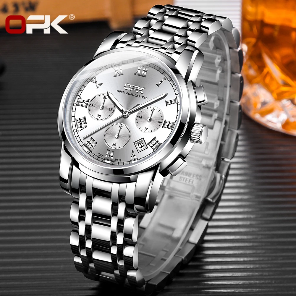 OPK Original Quartz Watch for Men Stainless Steel Waterproof Luminous Chronograph Sports Watch Fashion Men's Dress Wristwatches