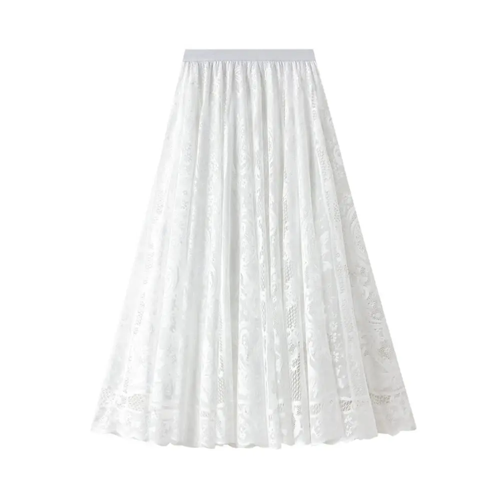 Sheer Lace Skirt Crochet Tulle Midi Skirt Women\'s Flowy A-line Mesh Skirt Ladies High Street Trendy Outfit