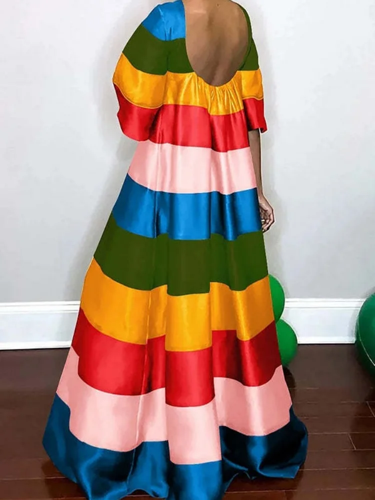 Wmstar 2025 New Women Fashionable Elegant Dress Printing Stripes Color Matching A line Dress Short Sleeveless O Neck