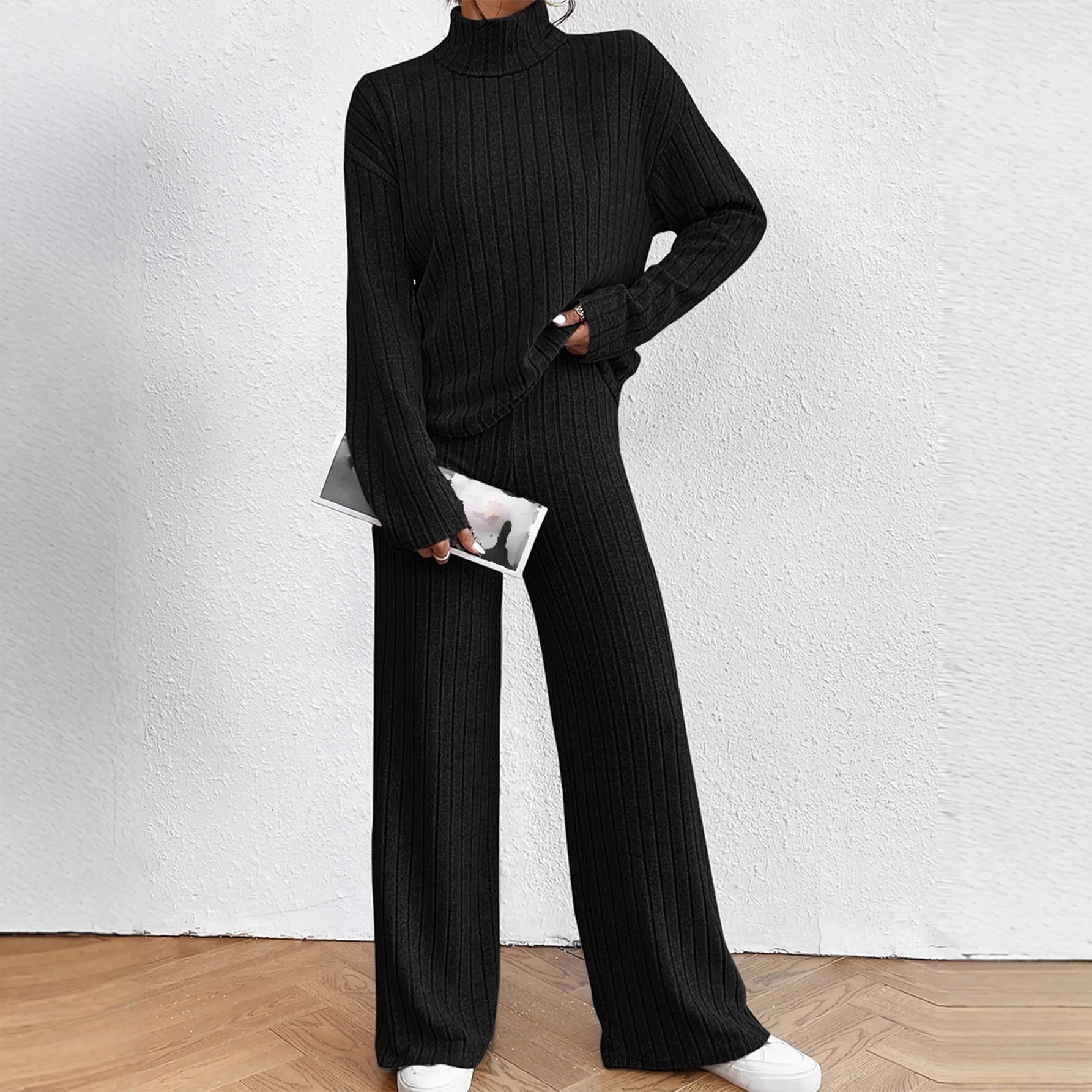 Women Turtleneck Ribbed Knit Two Piece Outfit Long Sleeve Sweater & Wide Leg Pants Casual Loungewear Set