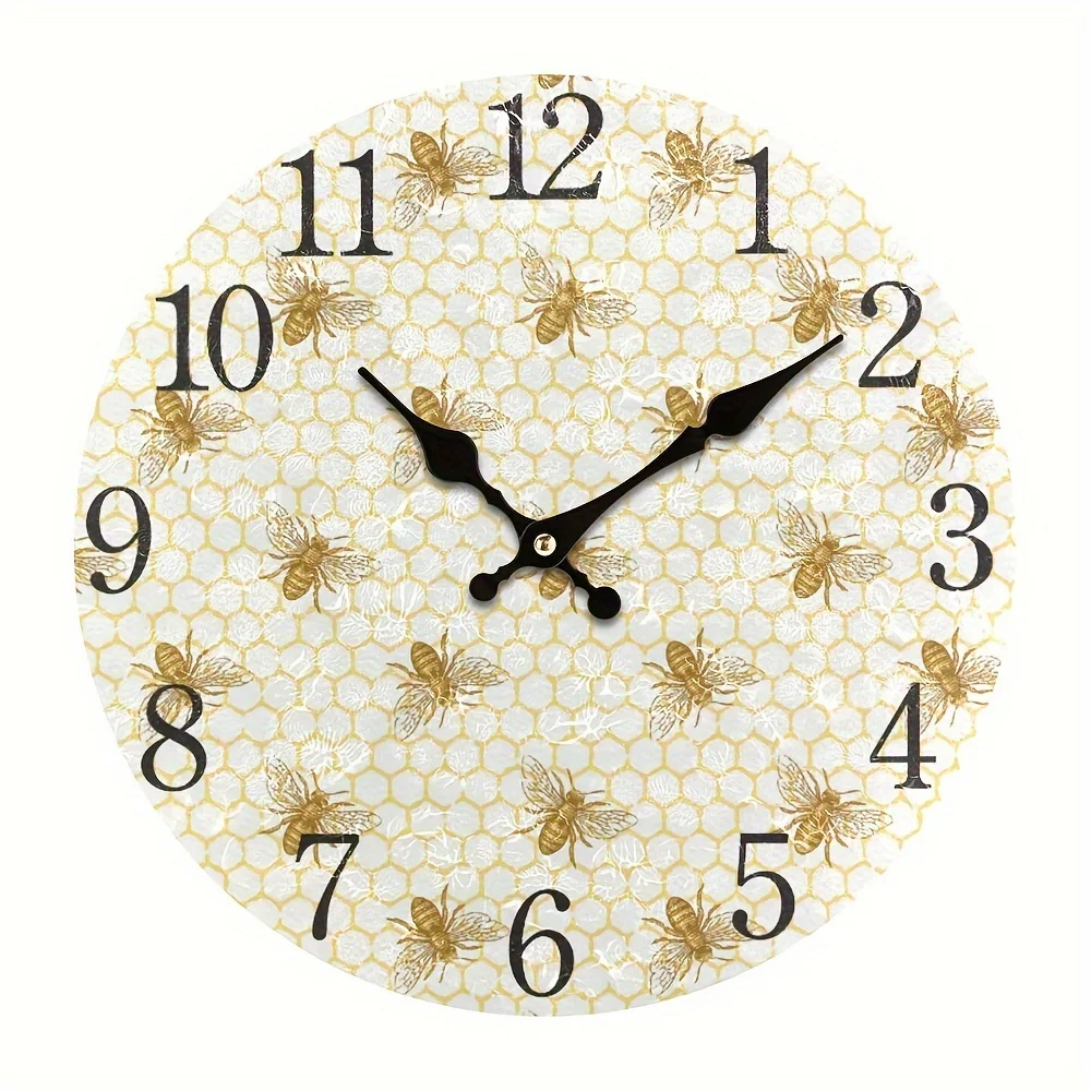 Round Wall Clock, Bee And Honeycomb Vintage Home Decor Battery Operated For Living Room, Kitchen, Bedroom