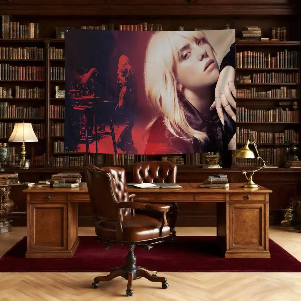 Famous Popular Singers B-Billie E-Eilish Music Flag Banners Four Hole Flag Polyester Outdoor Decor Room Aesthetic