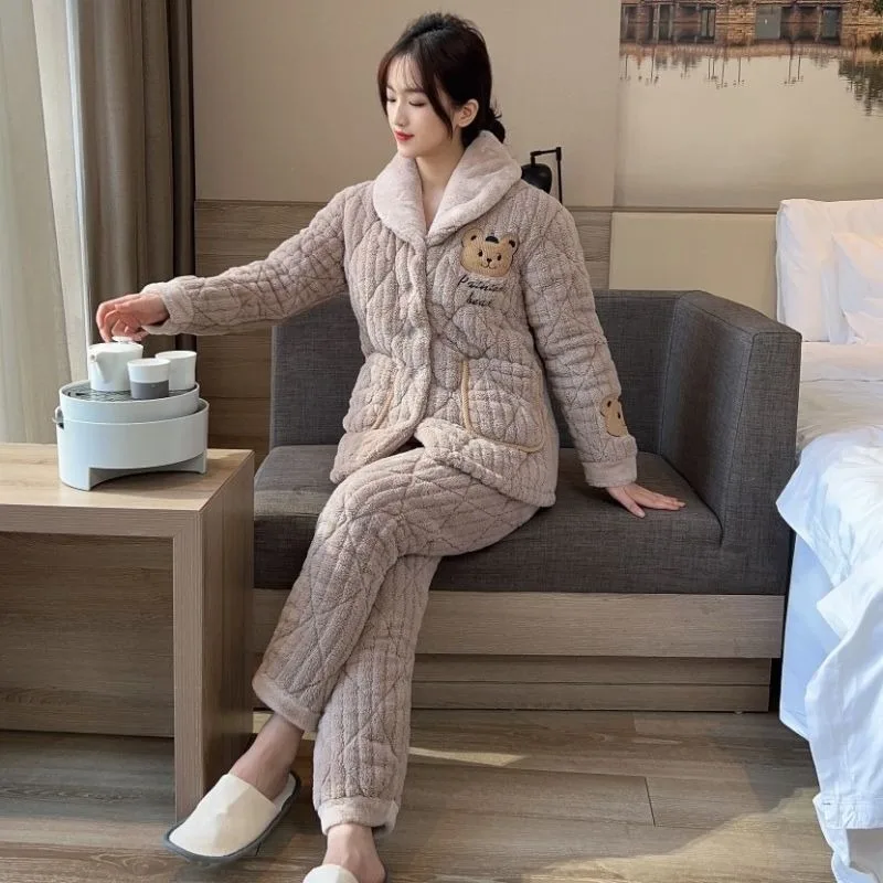 2023 New Three-layer Cotton Pajamas Women Winter Plus Velvet Thickening Can Wear Coral Velvet Flannel Suit Warm Home Clothes