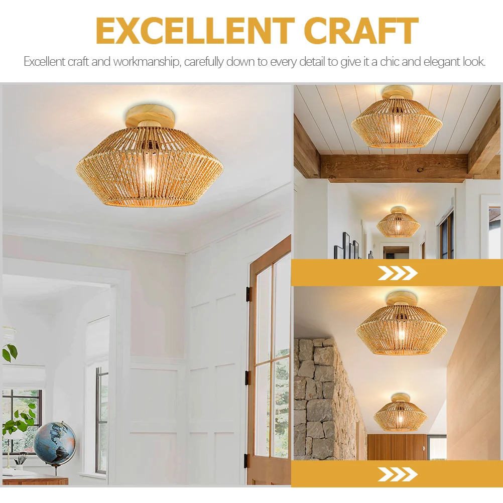 

Straw Rope Weaving Ceiling Light Flush Mount Elegant Handmade Lamp for Living Room Balcony Kitchen Rustic Style LED Ceiling