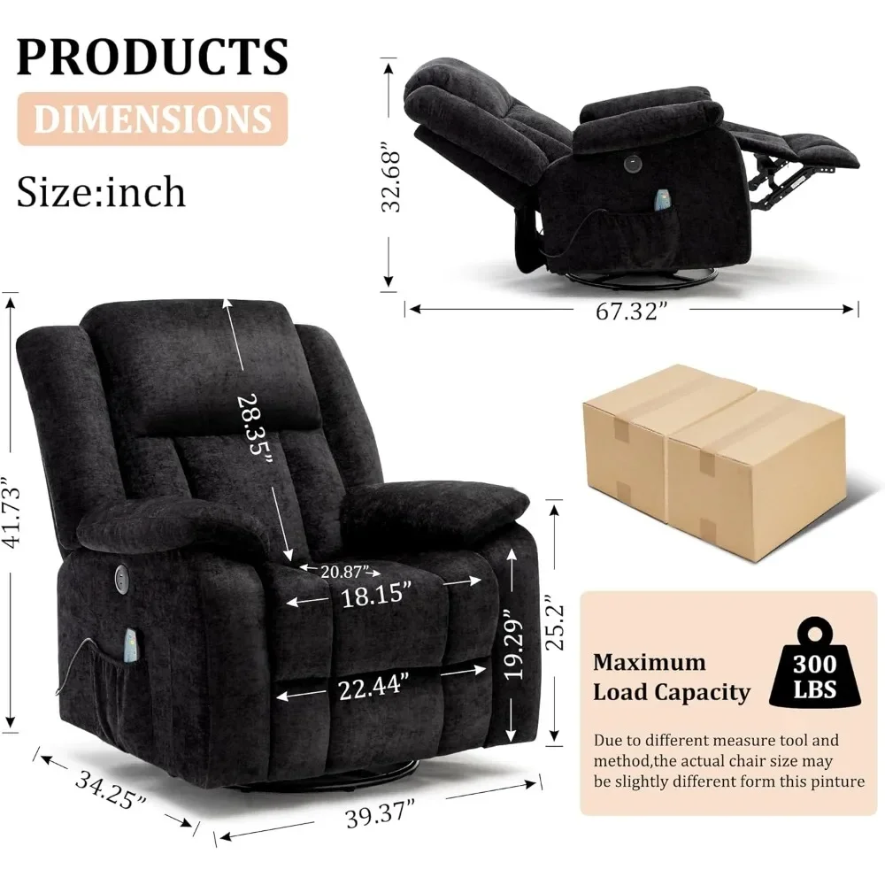 Silla reclinable basculante, sillas reclinables planeadoras para adultos, 360 °   Sillones reclinables giratorios con masaje y calefacción, mecedora reclinable