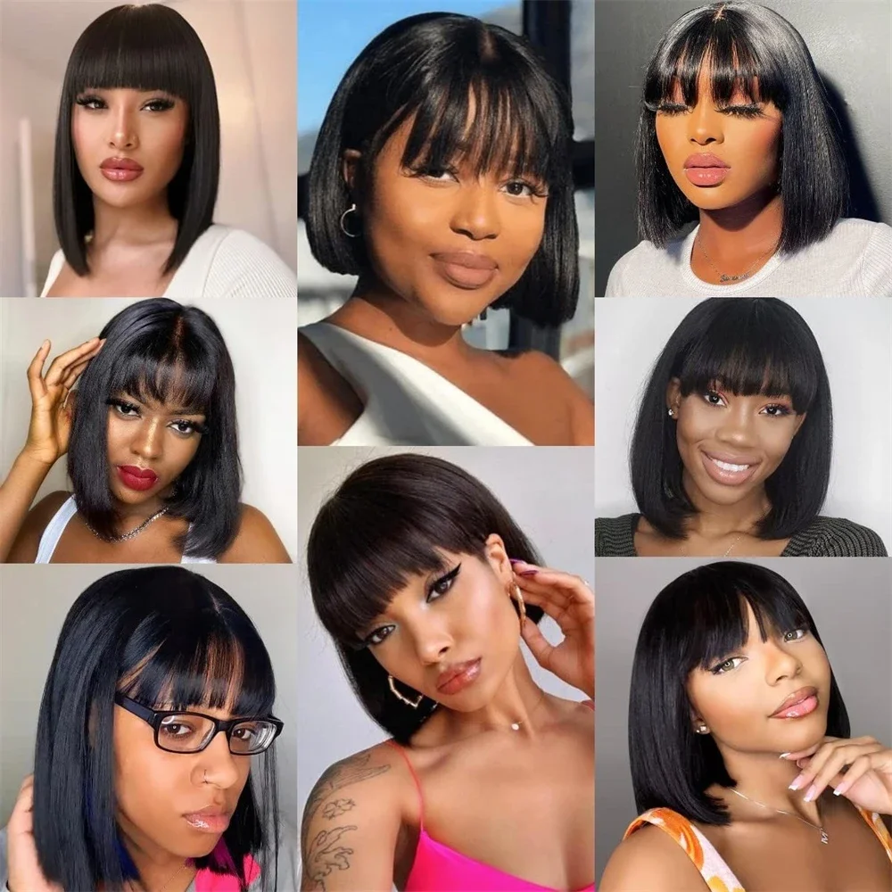 Wig Bob rambut manusia lurus dengan poni tampilan realistis Wig tanpa lem kulit kepala renda palsu Wig rambut Virgin manusia Brasil untuk wanita