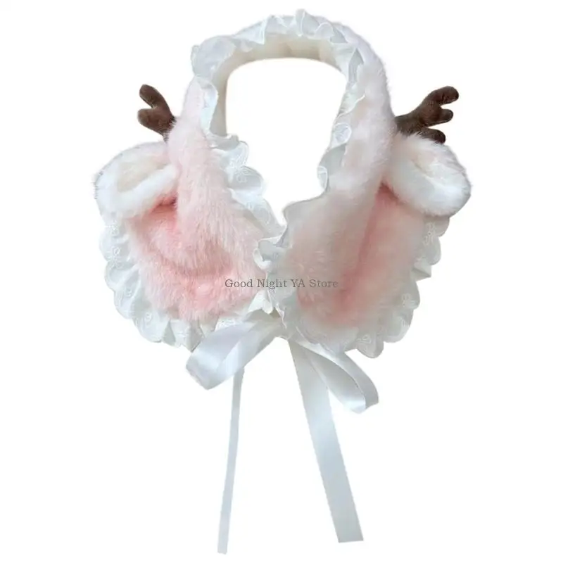 

Comfortable Plush Scarf Build In Ear Protections Function Feminine Lace Detailing Foldable Headwrap For Outdoor