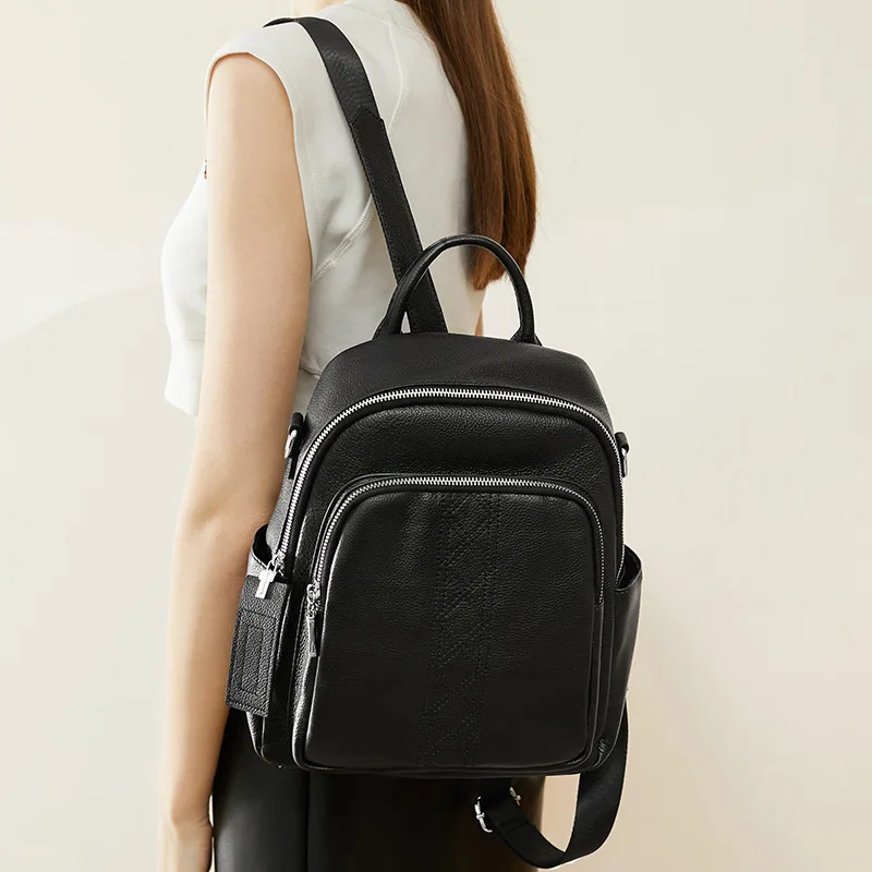 New Women's British Style Leather Backpack, Dual Zipper, Large Capacity, Versatile Travel Bag