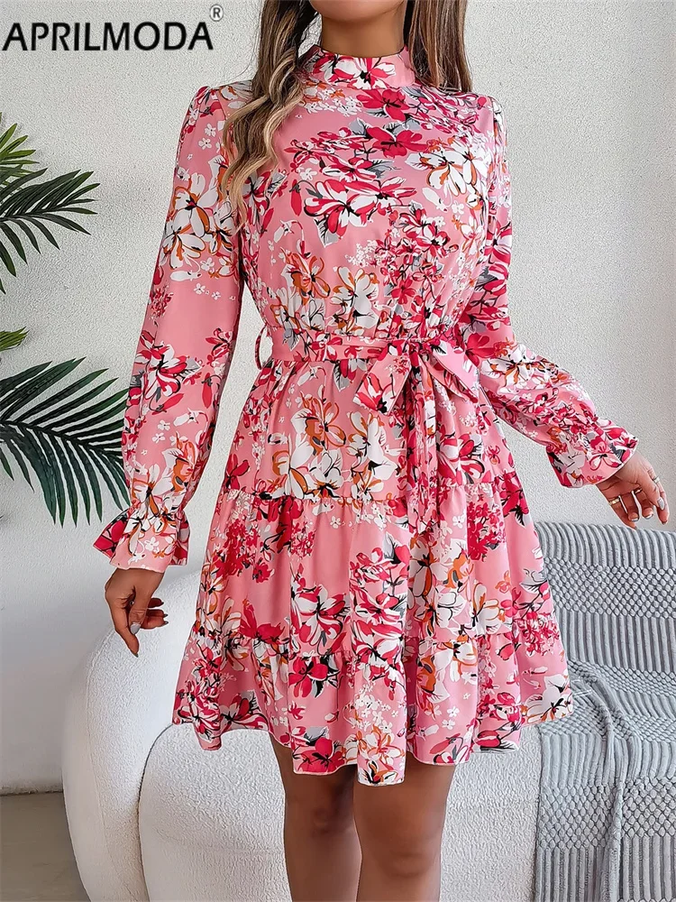 2024 Long Puff Sleeve Floral Print Women Casual Dress  Autumn Winter Ruffle Hem Elegant A Line Swing Runway Birthday Dresses