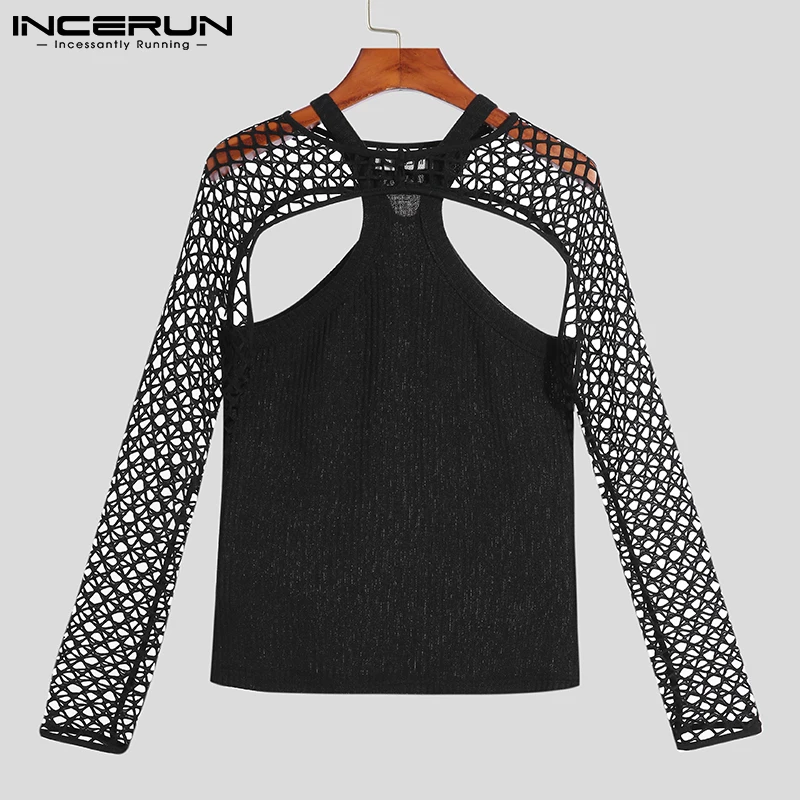 Fashion Casual Men Vest Camiseta Suit 2 Pieces Sexy Leisure Male Short Vests Hollow Breathable Mesh T-shirts S-5XL INCERUN 2023