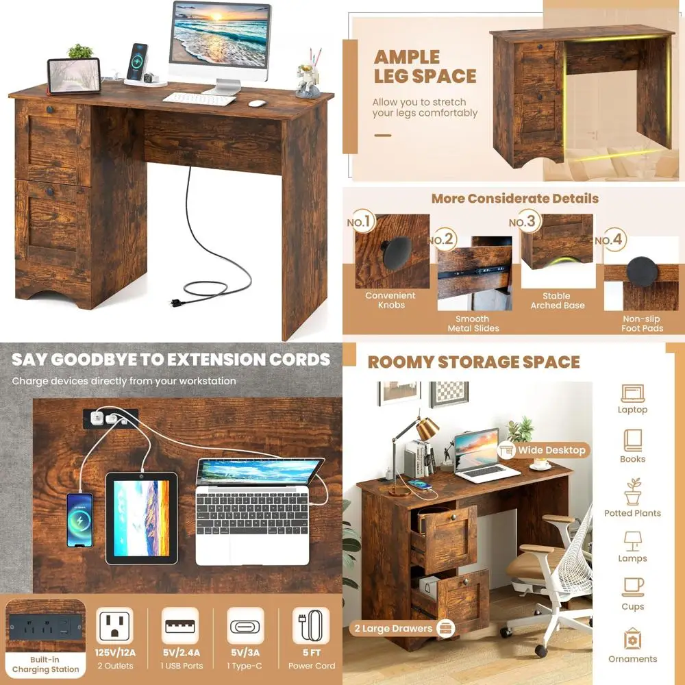 Modern Wooden Computer Desk with 2 Drawers, 43 Home Office Desk featuring Charging Station, Compact Writing Desk for Study and L