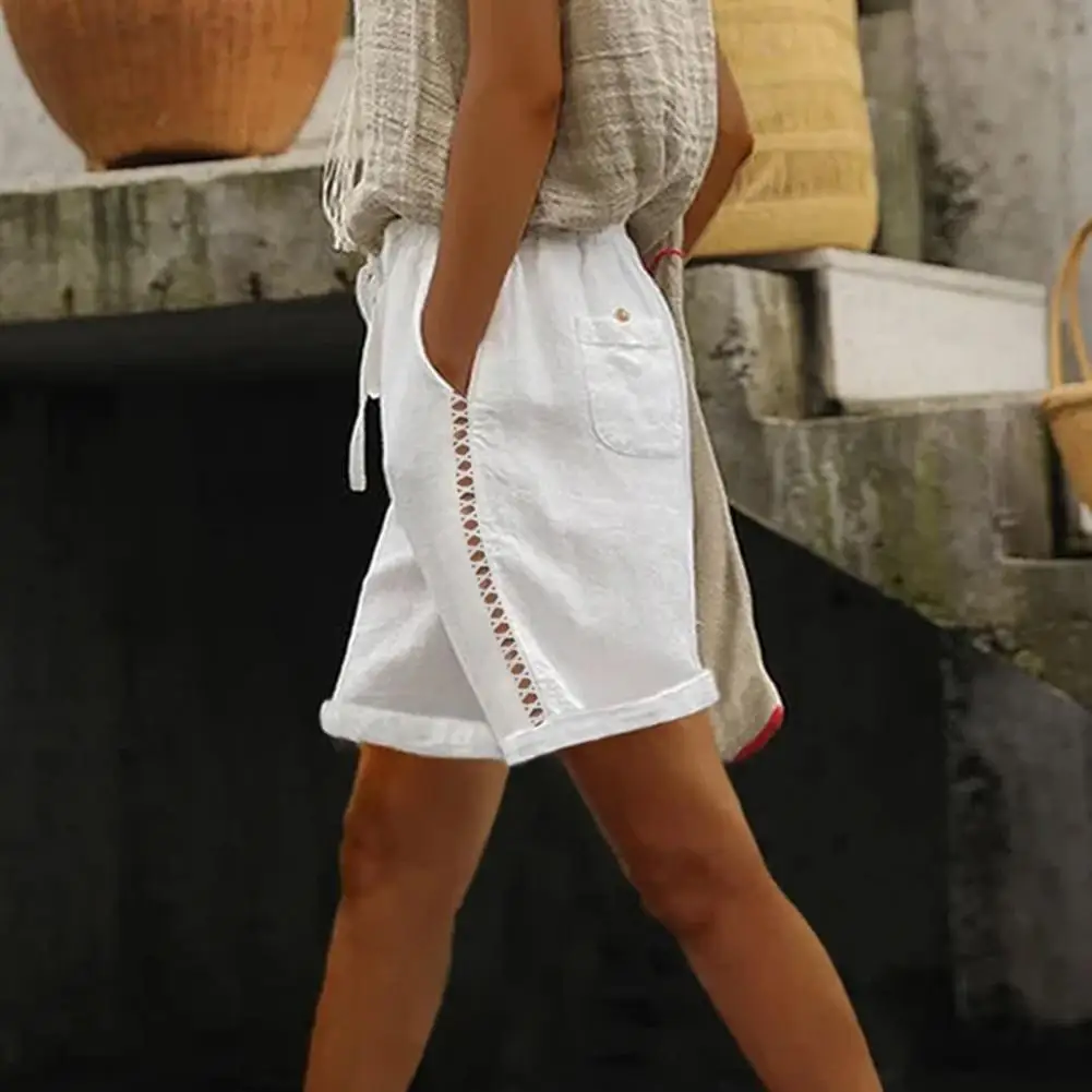 2025, damesshorts met zak, vetersluiting, taille, knielengte, zachte textuur, zweetabsorberend kant, gesplitst, losse pasvorm, zomerbroek, trainen
