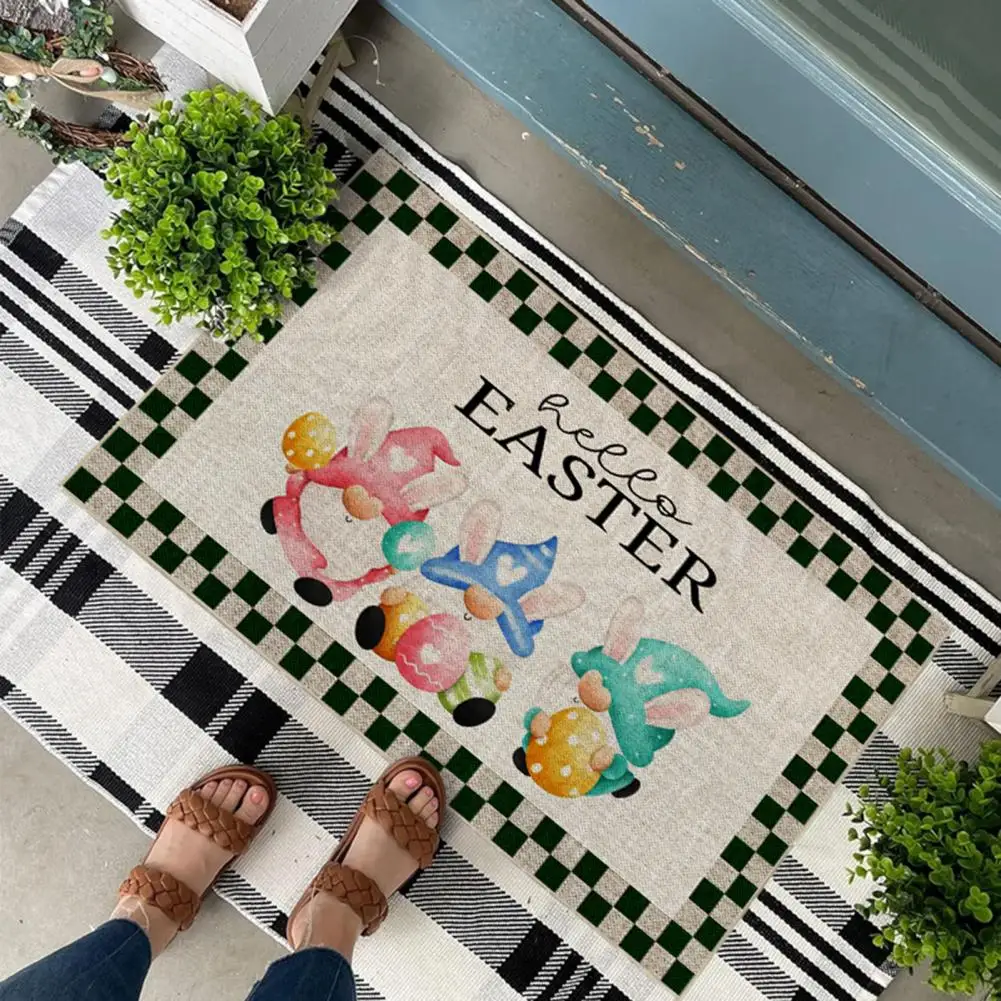 Front Door Rabbit Mat Easter Door Mat Easter Bunny Gnome Doll Door Mat with Colorful Egg Pattern for Room Bedroom for Easter