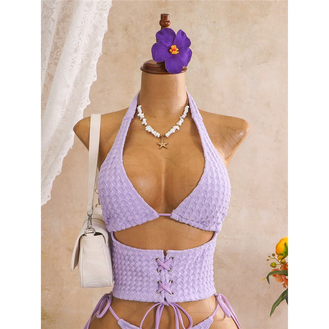 Tankini mit Schnürung, Neckholder-Bikini, Damen-Badeanzug, zweiteiliges Bikini-Set, Badeanzug mit hohem Beinausschnitt, Badebekleidung, Schwimmanzug V8340 – Detail 8