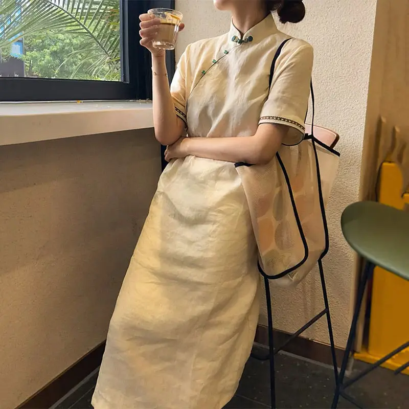 夏の新レトロバックル半袖ドレス女性中国風の緩い気質改善されたチャイナドレス