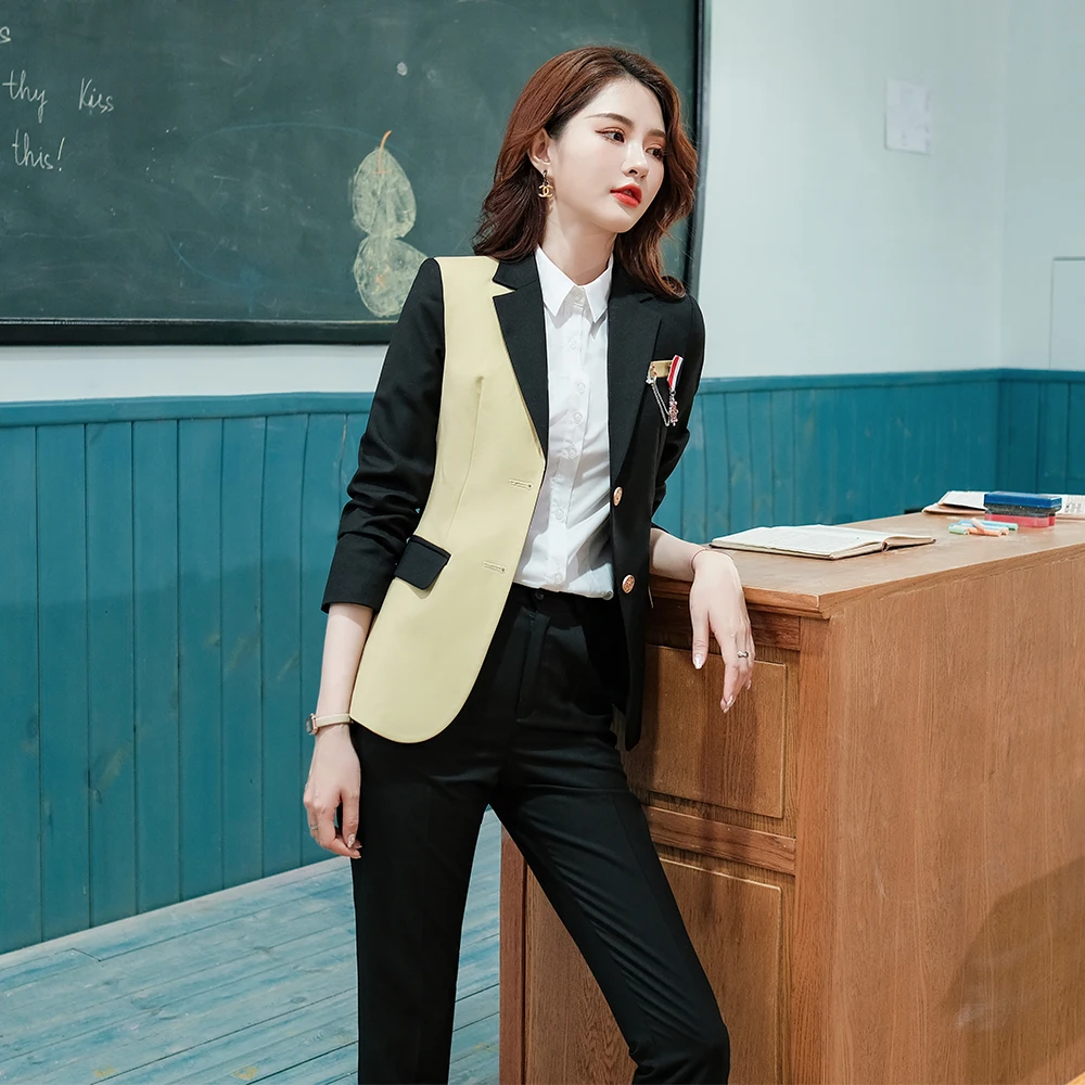 College Style Jacket Blazer And Long Trousers Two Piece Set For Teacher Work Wear 2022 Latest Korean Design Women Pant Suit