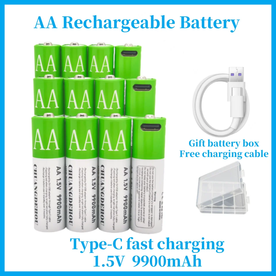 

Usb-C Rechargeable Aa Battery 1.5V 9900Mah 2000 Times Cycle with Free Charger and Battery Box/Suitable for Mouse Clock Remote Control Radio