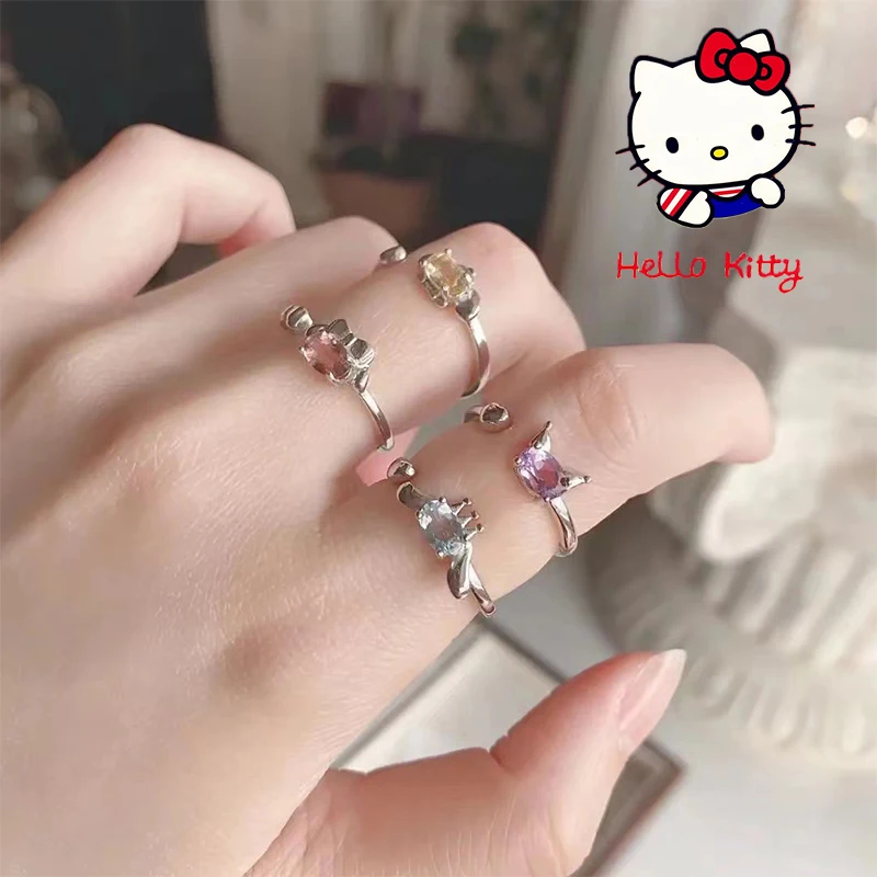 Light Luxury Style Sanrio Kuromi Ring Cute Cartoon Cinnamoroll Melody Adjustable Simple Elegant Crystal Ring Jewelry Accessories