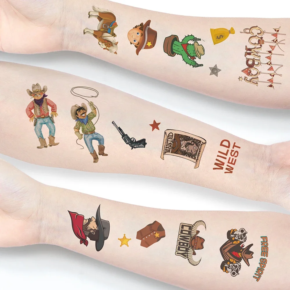 Western Cowboy Tattoo Stickers For Kids Cartoon Temporary Tattoo Hands Face Stickers Waterproof Body Art Fake Tattoos Children