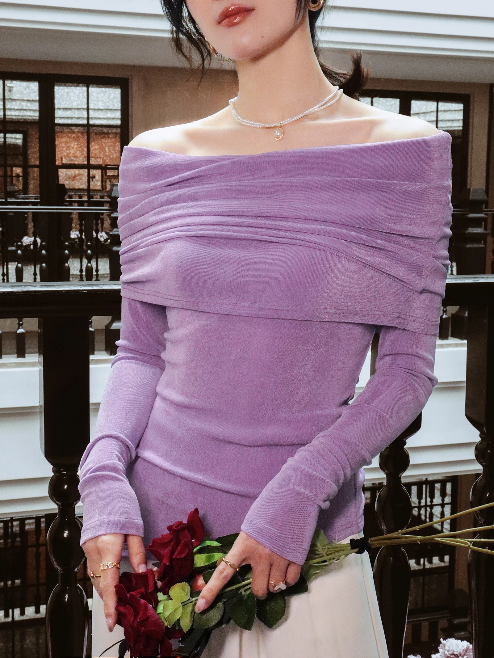 

Spring Summer New One-oulder Soft Sle Ladylike Purple Slimming Ele Long Sve Knitted Top Women's Faionable irt