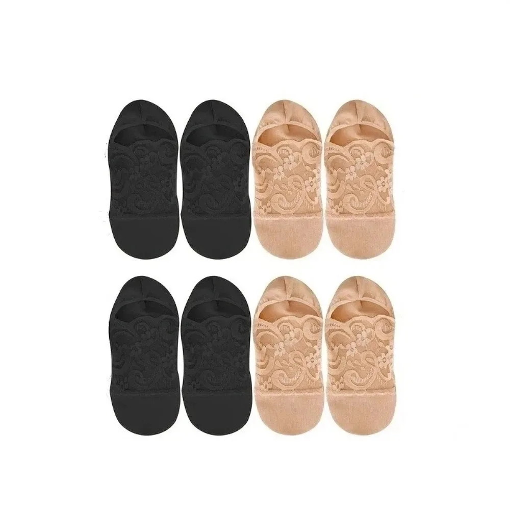 

4Pairs Elegant Ultra-Thin Lace Invisible Socks Non-Slip Low Cut Boat Socks Breathable Women Ankle Socks Women's Summer Wear