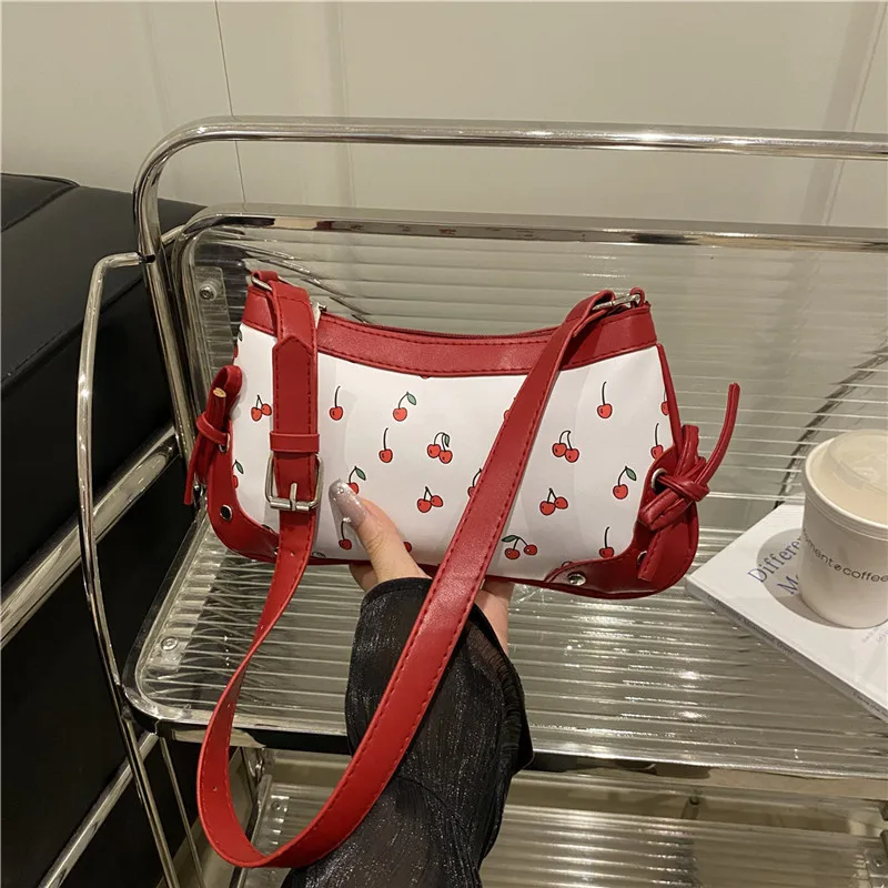 New Trendy Girl's Handbag, Stylish Commuter Cherry Print Textured Shoulder Bag, Versatile Bow Tie Casual Underarm Bags